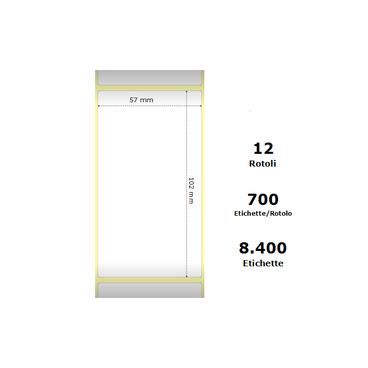 White 57x102mm,700 Et/Rotolo Z-2000D, 2.2x4x1Core,circonferenza 111mm 12 Rolls