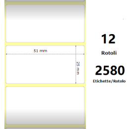 White 51x25mm, 2580 Et/Rotolo Z-2000D, 2x1x1 Core, 12 Rolls