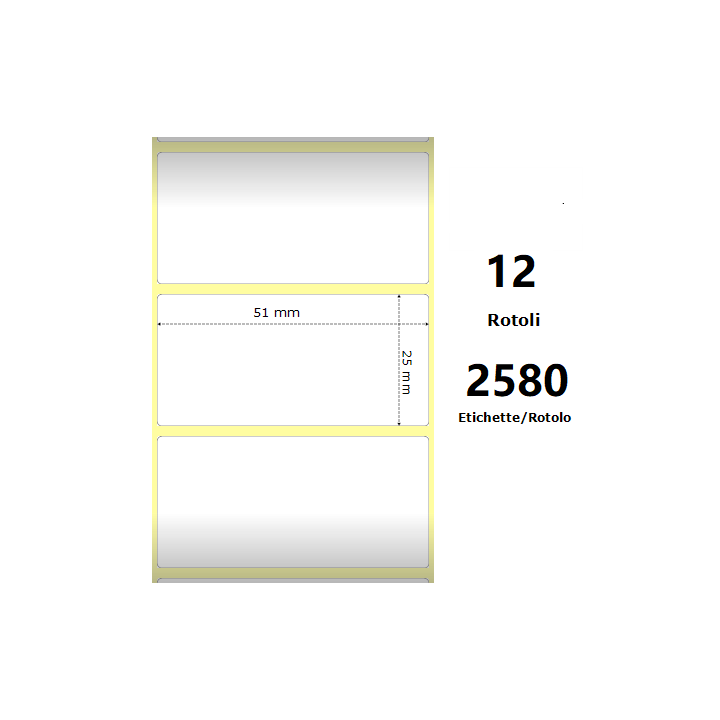 White 51x25mm, 2580 Et/Rotolo Z-2000D, 2x1x1 Core, 12 Rolls
